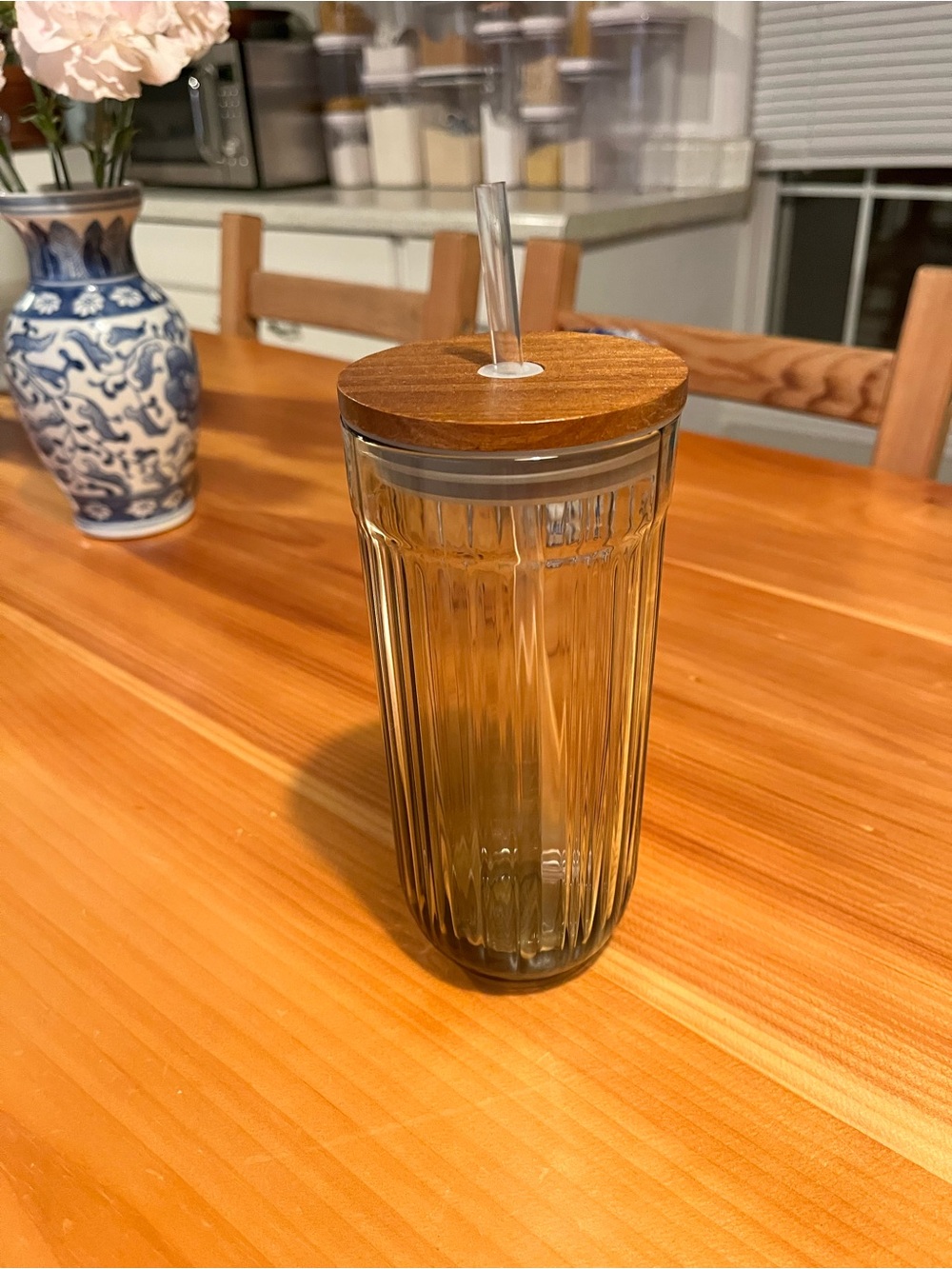 Hearth & Hand Smoky Ribbed Glass Tumbler with Wood Lid and Straw
